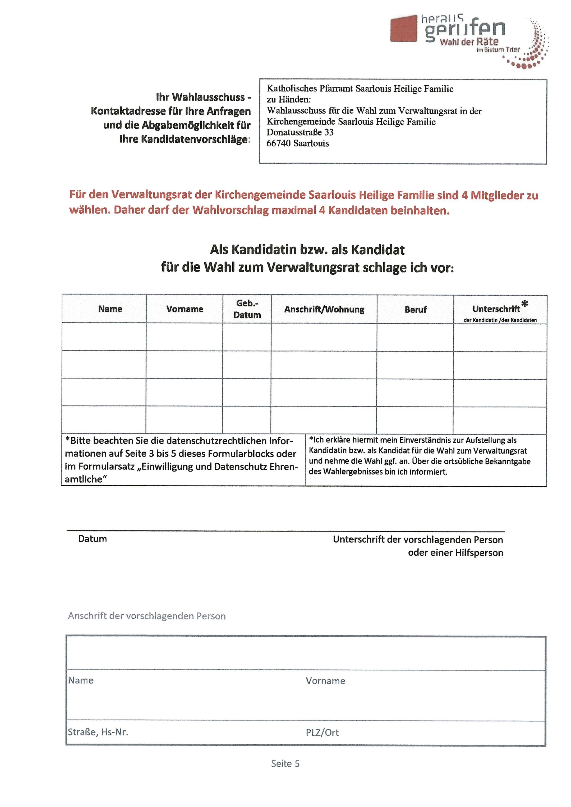 Vorschlagsformular (c) Bistum Trier, Pfarrei Saarlouis Hl. Familie Vorschlagsformular